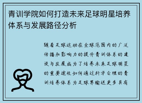 青训学院如何打造未来足球明星培养体系与发展路径分析
