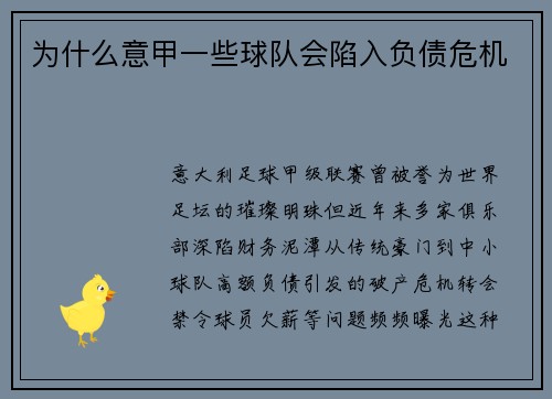 为什么意甲一些球队会陷入负债危机