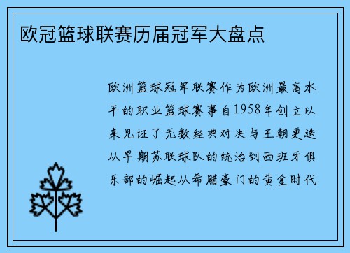 欧冠篮球联赛历届冠军大盘点